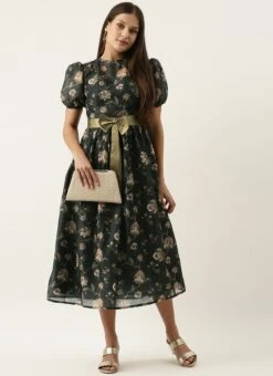 Green Chanderi Silk Puff Sleeve Dress After Six Wear -Indo Clothing Shop Green Chanderi Silk Puff Sleeve Dress DRBS02201263 u