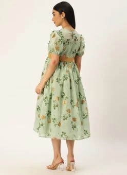 Green Chanderi Silk Puff Sleeve Dress Festive Wear -Indo Clothing Shop Green Chanderi Silk Puff Sleeve Dress DRBS02303880 b