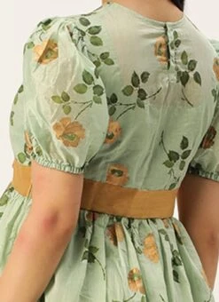 Green Chanderi Silk Puff Sleeve Dress Festive Wear -Indo Clothing Shop Green Chanderi Silk Puff Sleeve Dress DRBS02303880 rrc2