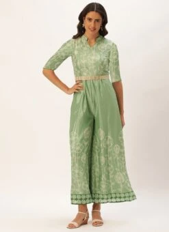 Green Digital Print Chinon Jumpsuit Festive Wear -Indo Clothing Shop Green Digital Print Chinon Jumpsuit DRBS02309152 u