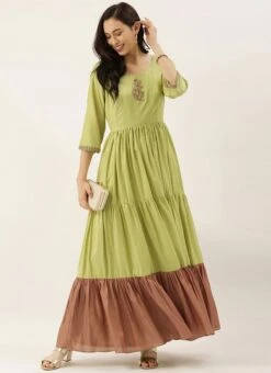 Green Embroidered Floor Length Gathers Dress After Six Wear -Indo Clothing Shop Green Embroidered Floor Length Gathers Dress DRBS02012712 u