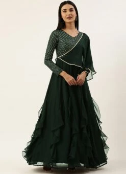 Green Embroidered Georgette Kali Flared Gown Party Wear -Indo Clothing Shop Green Embroidered Georgette Kali Flared Gown IWBS02208519 u