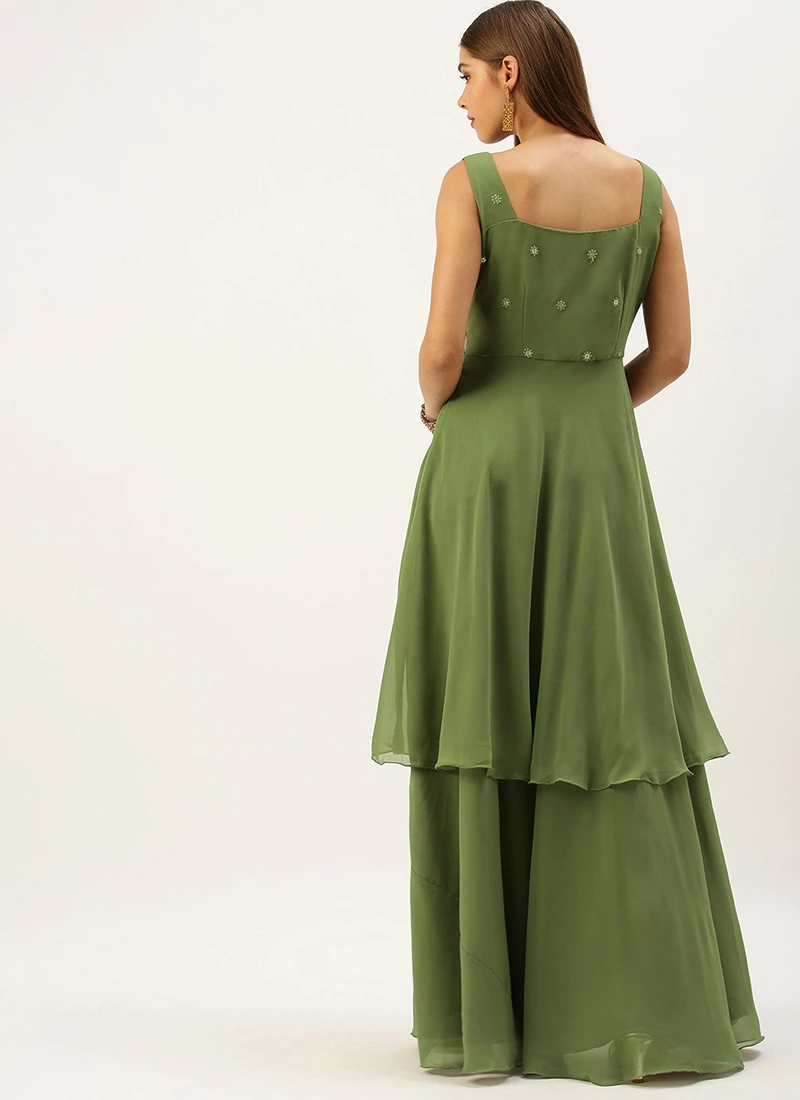 Green Embroidered Georgette Layered Gown Festive Wear Party Wear 4 Green Embroidered Georgette Layered Gown Festive Wear Party Wear - Image 4