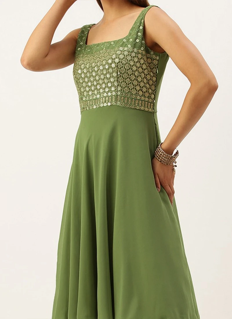 Green Embroidered Georgette Layered Gown Festive Wear Party Wear 1 Green Embroidered Georgette Layered Gown Festive Wear Party Wear