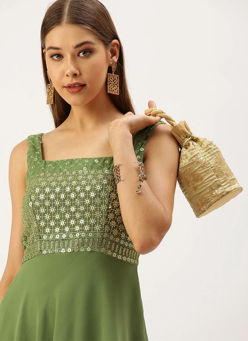 Green Embroidered Georgette Layered Gown Festive Wear Party Wear 5 Green Embroidered Georgette Layered Gown Festive Wear Party Wear - Image 5
