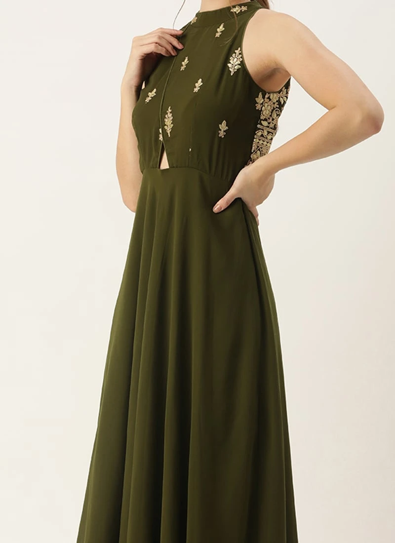 Green Embroidered Halter Neck Gown Festive Wear 1 Green Embroidered Halter Neck Gown Festive Wear