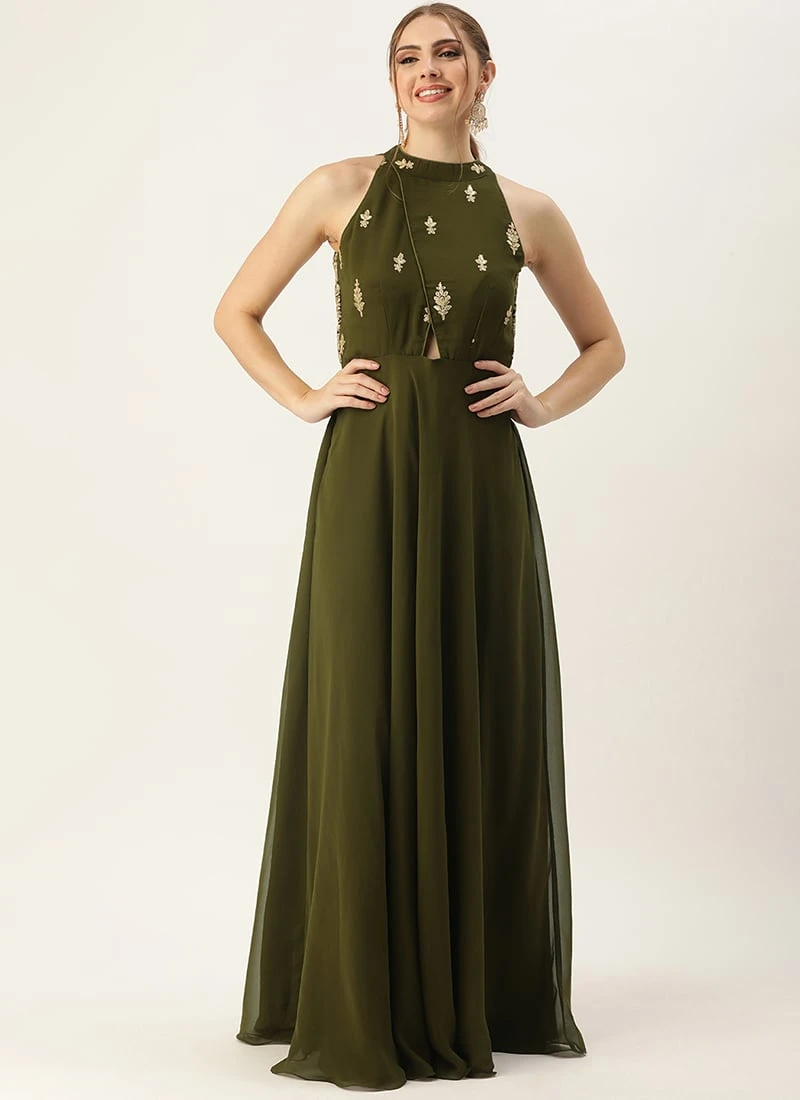 Green Embroidered Halter Neck Gown Festive Wear 3 Green Embroidered Halter Neck Gown Festive Wear - Image 3