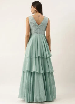 Green Embroidered Layered Gown Party Wear -Indo Clothing Shop Green Embroidered Layered Gown IWBS02201250 b