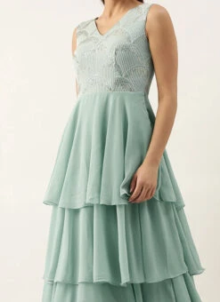 Green Embroidered Layered Gown Party Wear