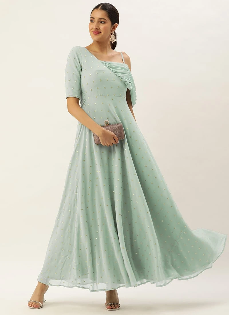 Green Embroidered One Shoulder Style Gown Party Wear 3 Green Embroidered One Shoulder Style Gown Party Wear - Image 3