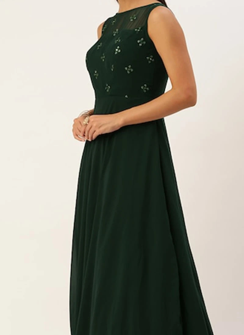 Green Georgette Embroidered Boat Neck Gown Party Wear 1 Green Georgette Embroidered Boat Neck Gown Party Wear