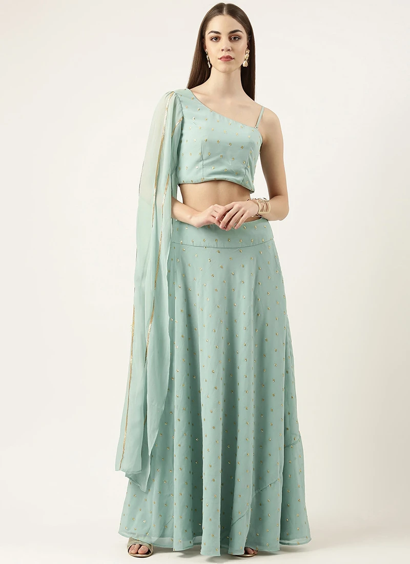 Skirt From Green Georgette Embroidered Crop Top N Skirt Set After Six Wear 3 Skirt From Green Georgette Embroidered Crop Top N Skirt Set After Six Wear - Image 3