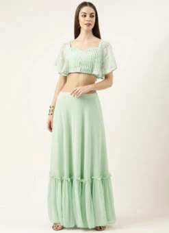 Skirt From Green Georgette Embroidered Crop Top Skirt Set After Six Wear -Indo Clothing Shop Green Georgette Embroidered Crop Top Skirt Set IWBS02305171 u