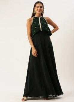 Green Georgette Embroidered Dress Festive Wear -Indo Clothing Shop Green Georgette Embroidered Dress DRBS02212609 u