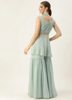 Bottom From Green Georgette Embroidered Gharara Set After Six Wear -Indo Clothing Shop Green Georgette Embroidered Gharara Set KSBS02303647 b 2