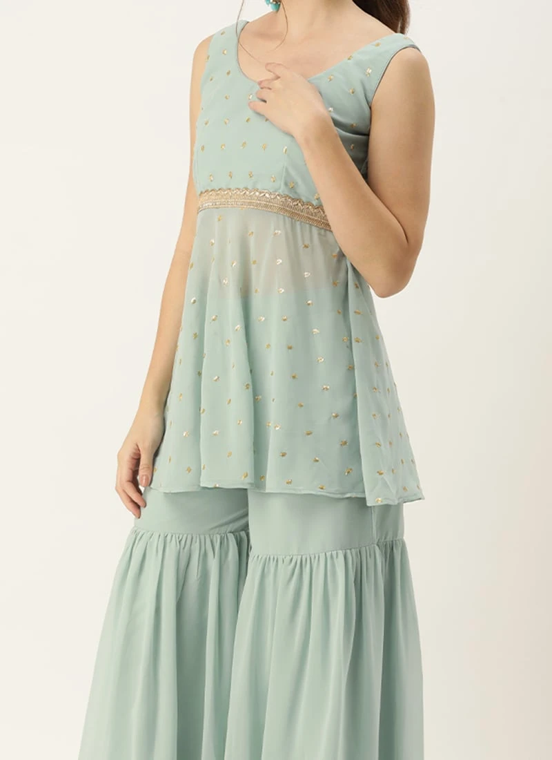 Green Georgette Embroidered Gharara Set Festive Wear 1 Green Georgette Embroidered Gharara Set Festive Wear