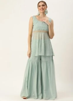 Top From Green Georgette Embroidered Gharara Set After Six Wear -Indo Clothing Shop Green Georgette Embroidered Gharara Set KSBS02303647 u 1