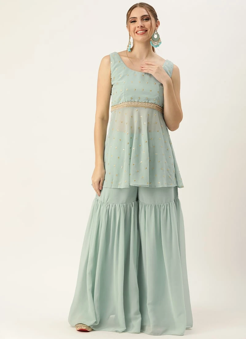 Green Georgette Embroidered Gharara Set Festive Wear 3 Green Georgette Embroidered Gharara Set Festive Wear - Image 3