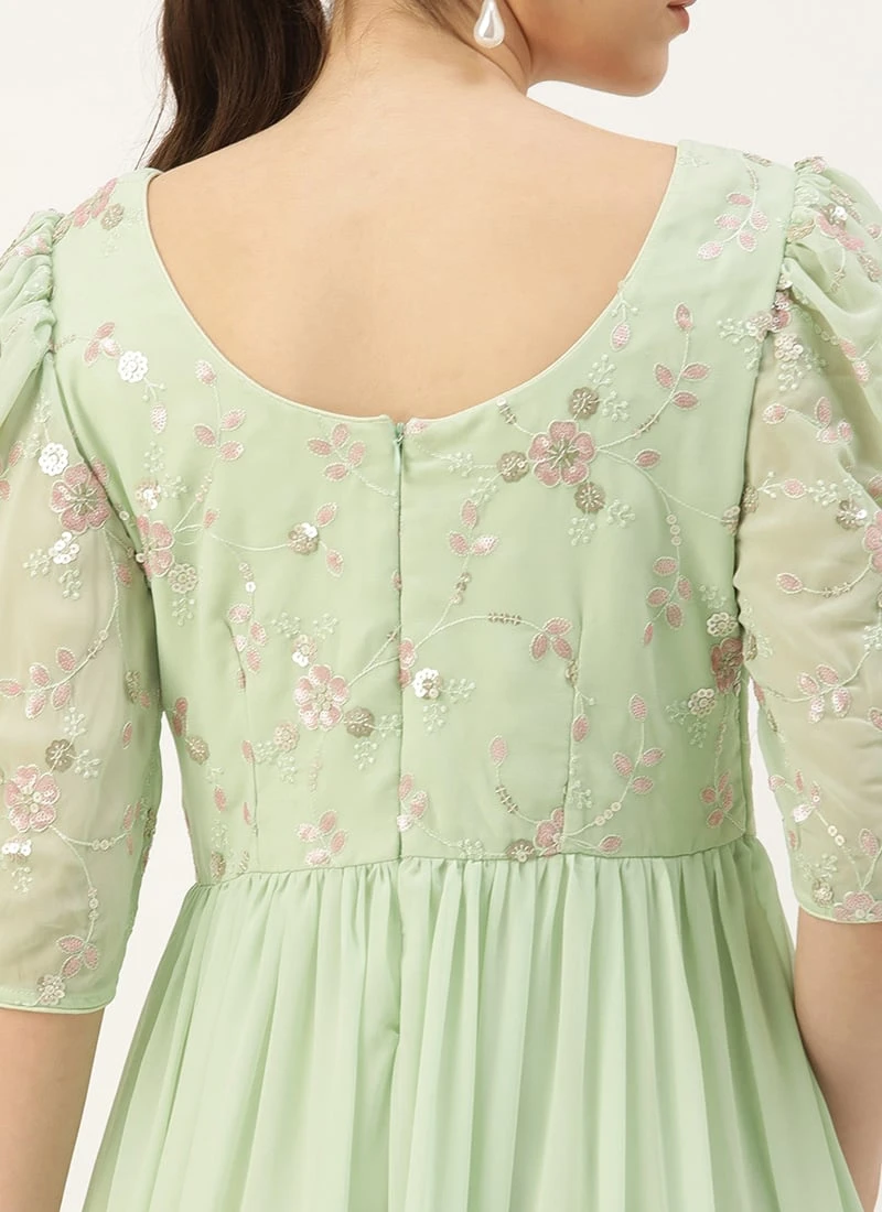 Green Georgette Embroidered Ruffle Maxi Dress Festive Wear 6 Green Georgette Embroidered Ruffle Maxi Dress Festive Wear - Image 6