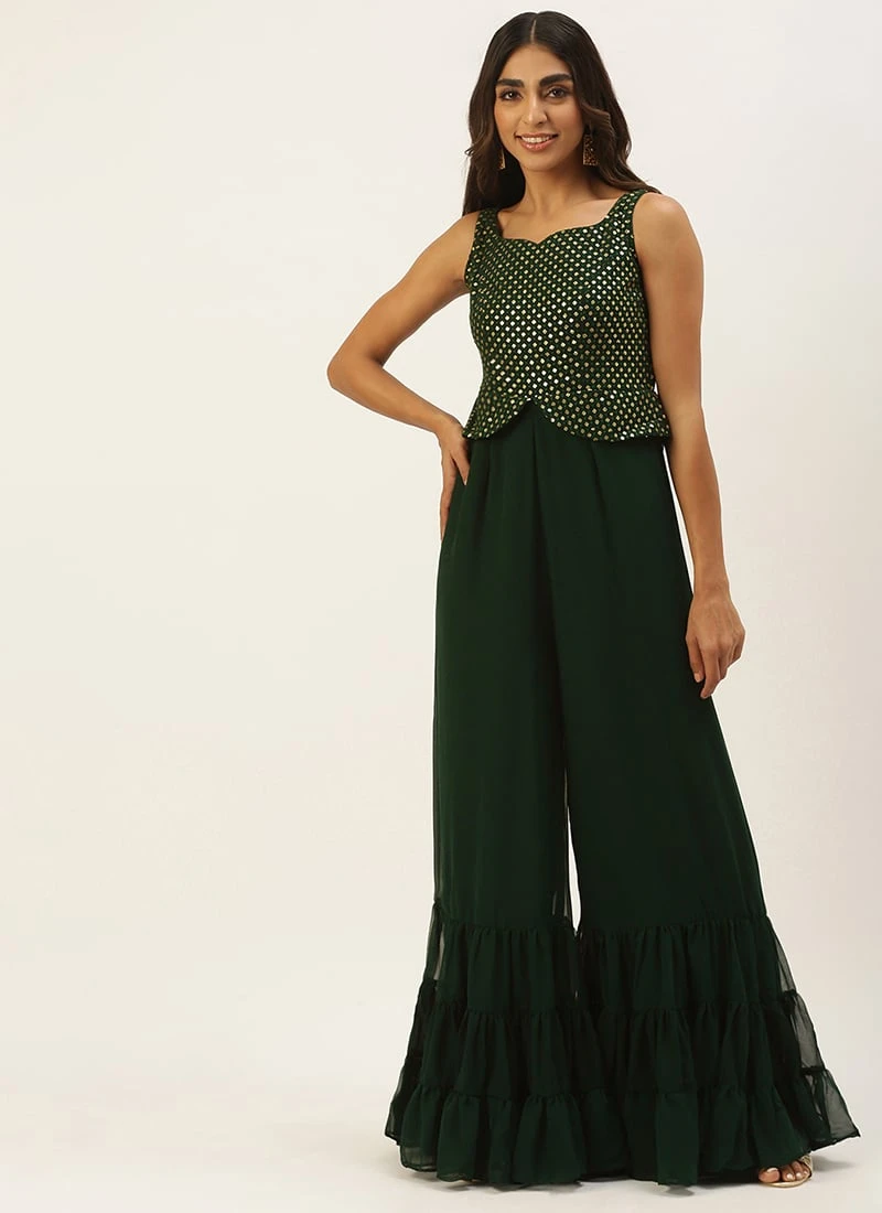 Green Georgette Sequins Jumpsuit Festive Wear 3 Green Georgette Sequins Jumpsuit Festive Wear - Image 3