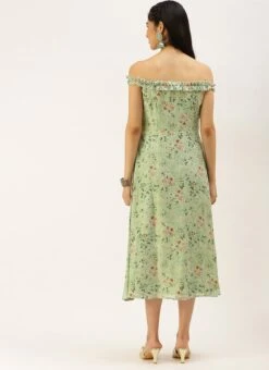 Green Muslin Off Shoulder Dress Festive Wear -Indo Clothing Shop Green Muslin Off Shoulder Dress DRBS02208479 b