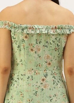 Green Muslin Off Shoulder Dress Festive Wear -Indo Clothing Shop Green Muslin Off Shoulder Dress DRBS02208479 rrc2