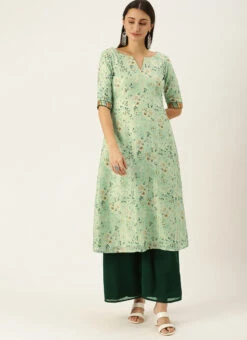 Green Muslin Printed Calf Length Kurta Set After Six Wear -Indo Clothing Shop Green Muslin Printed Calf Length Kurta Set KSBS02108637 u