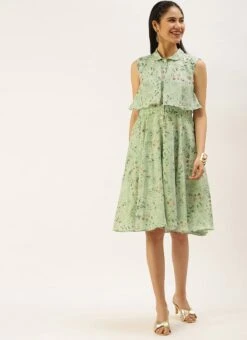 Green Muslin Printed Mini Dress Party Wear -Indo Clothing Shop Green Muslin Printed Mini Dress DRBS02208445 u