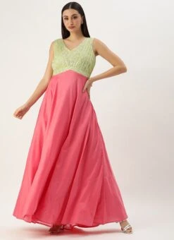 Green N Pink Cotton Sequins Embroidery Maxi Dress Festive Wear -Indo Clothing Shop Green N Pink Cotton Sequins Embroidery Maxi Dress DRBS02212595 u