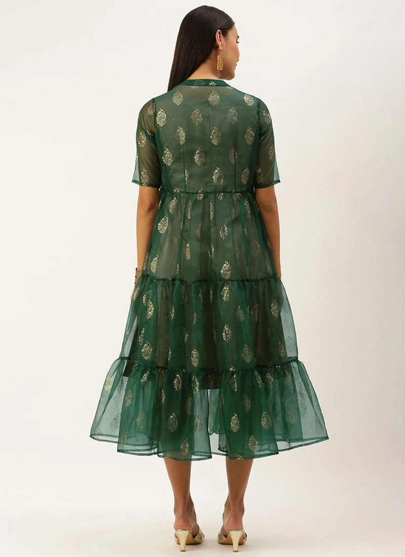 Green Organza Foil Printed Jacket Style Dress Festive Wear 4 Green Organza Foil Printed Jacket Style Dress Festive Wear - Image 4