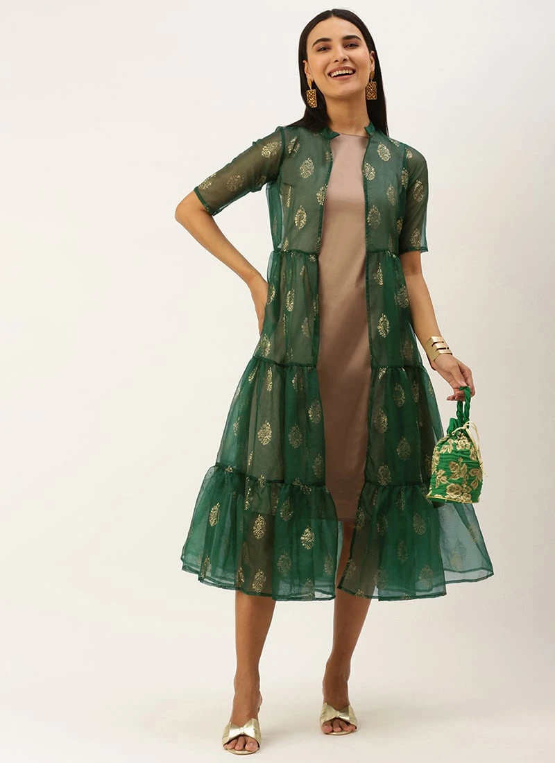 Green Organza Foil Printed Jacket Style Dress Festive Wear 3 Green Organza Foil Printed Jacket Style Dress Festive Wear - Image 3