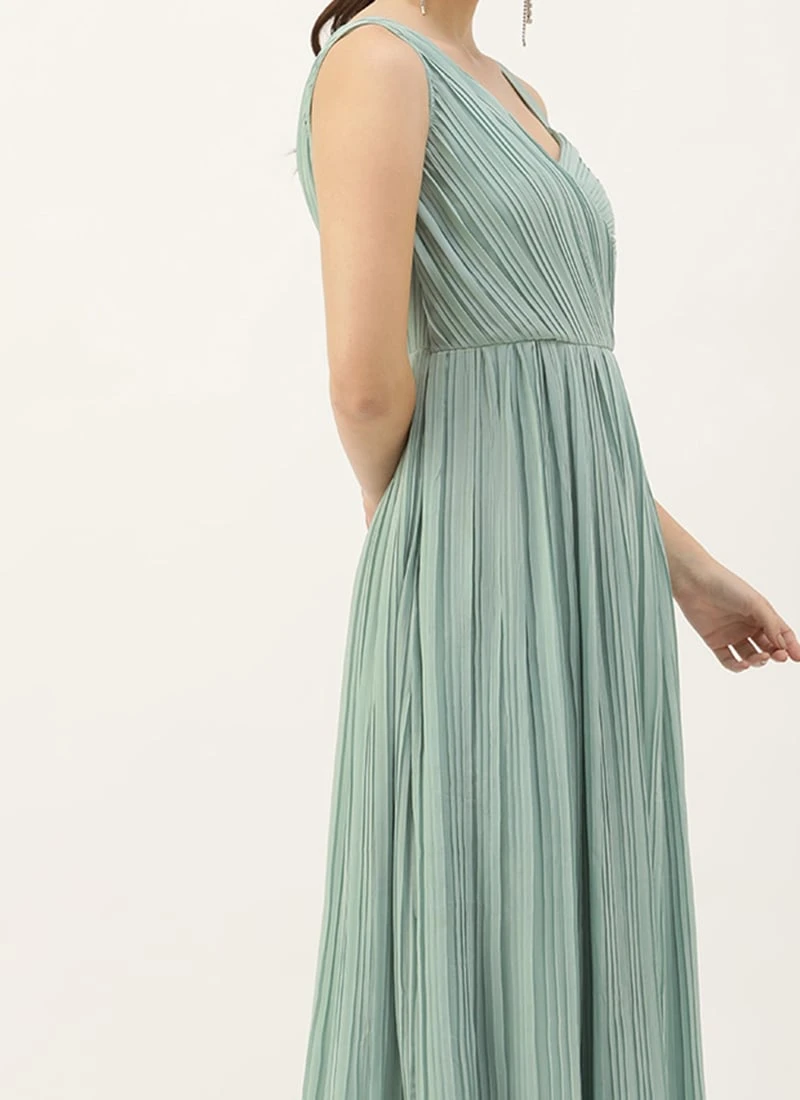 Green Pleated Georgette Gown N Embroidered Jacket Party Wear 1 Green Pleated Georgette Gown N Embroidered Jacket Party Wear