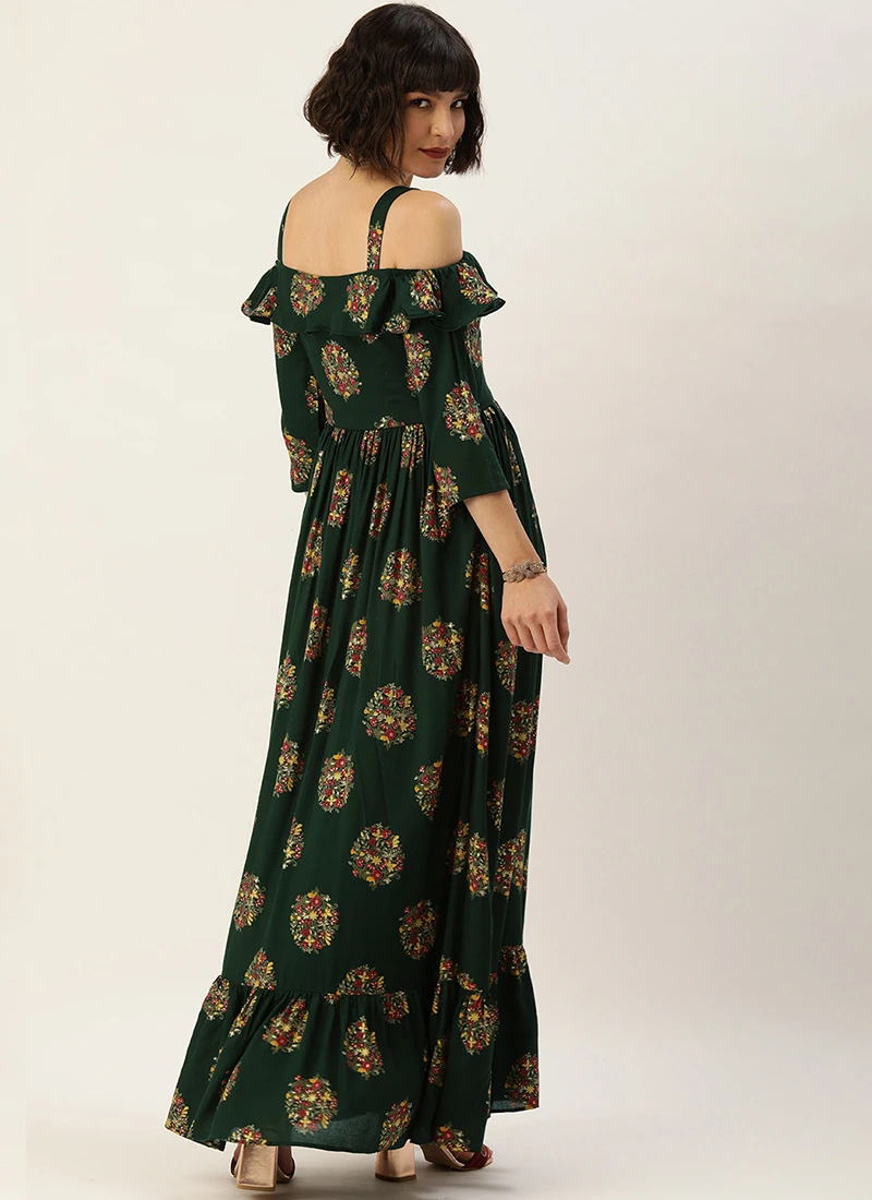 Green Rayon Printed Strap Neckline Dress After Six Wear 4 Green Rayon Printed Strap Neckline Dress After Six Wear - Image 4