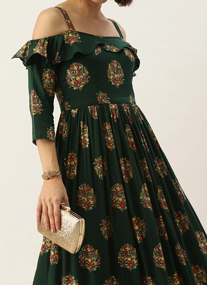 Green Rayon Printed Strap Neckline Dress After Six Wear 1 Green Rayon Printed Strap Neckline Dress After Six Wear