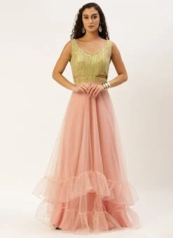 Green Sequins Embroidered N Peach Net Gown Festive Wear -Indo Clothing Shop Green Sequins Embroidered N Peach Net Gown IWBS02211073 u