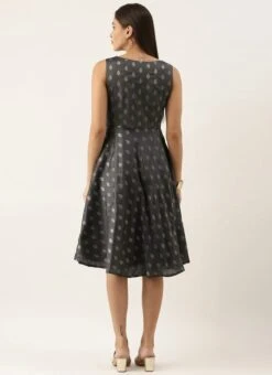 Grey Brocade Boat Neck Flared Dress Festive Wear 11 Grey Brocade Boat Neck Flared Dress Festive Wear -Indo Clothing Shop Grey Brocade Boat Neck Flared Dress DRBS02201295 b