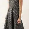 Grey Brocade Boat Neck Flared Dress Festive Wear