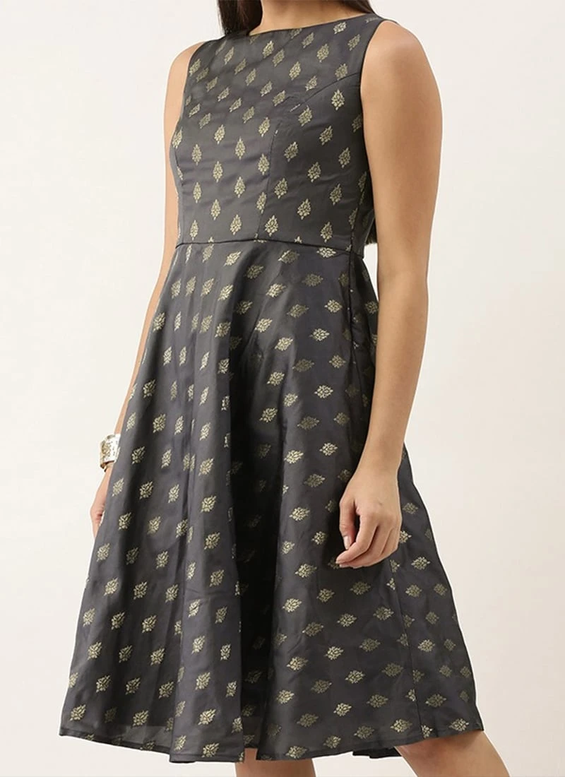 Grey Brocade Boat Neck Flared Dress Festive Wear 1 Grey Brocade Boat Neck Flared Dress Festive Wear