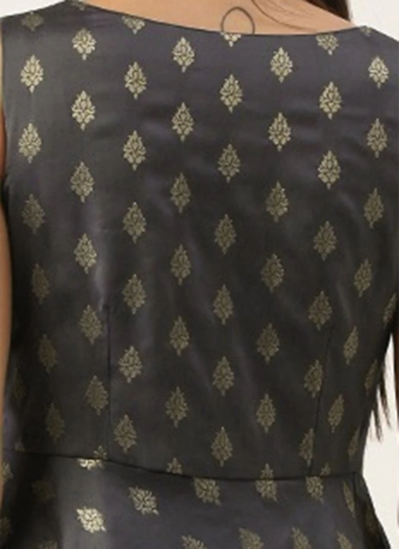 Grey Brocade Boat Neck Flared Dress Festive Wear 6 Grey Brocade Boat Neck Flared Dress Festive Wear - Image 6