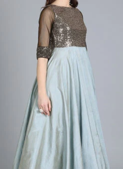 Grey Classic Full Flared Boat Neck Style Gown Festive Wear