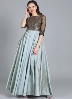 Grey Classic Full Flared Boat Neck Style Gown Festive Wear -Indo Clothing Shop Grey Classic Full Flared Boat Neck Style Gown IWBS01909184RTW u