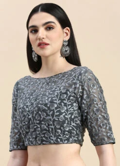Grey Embroidered Net Blouse Party Wear