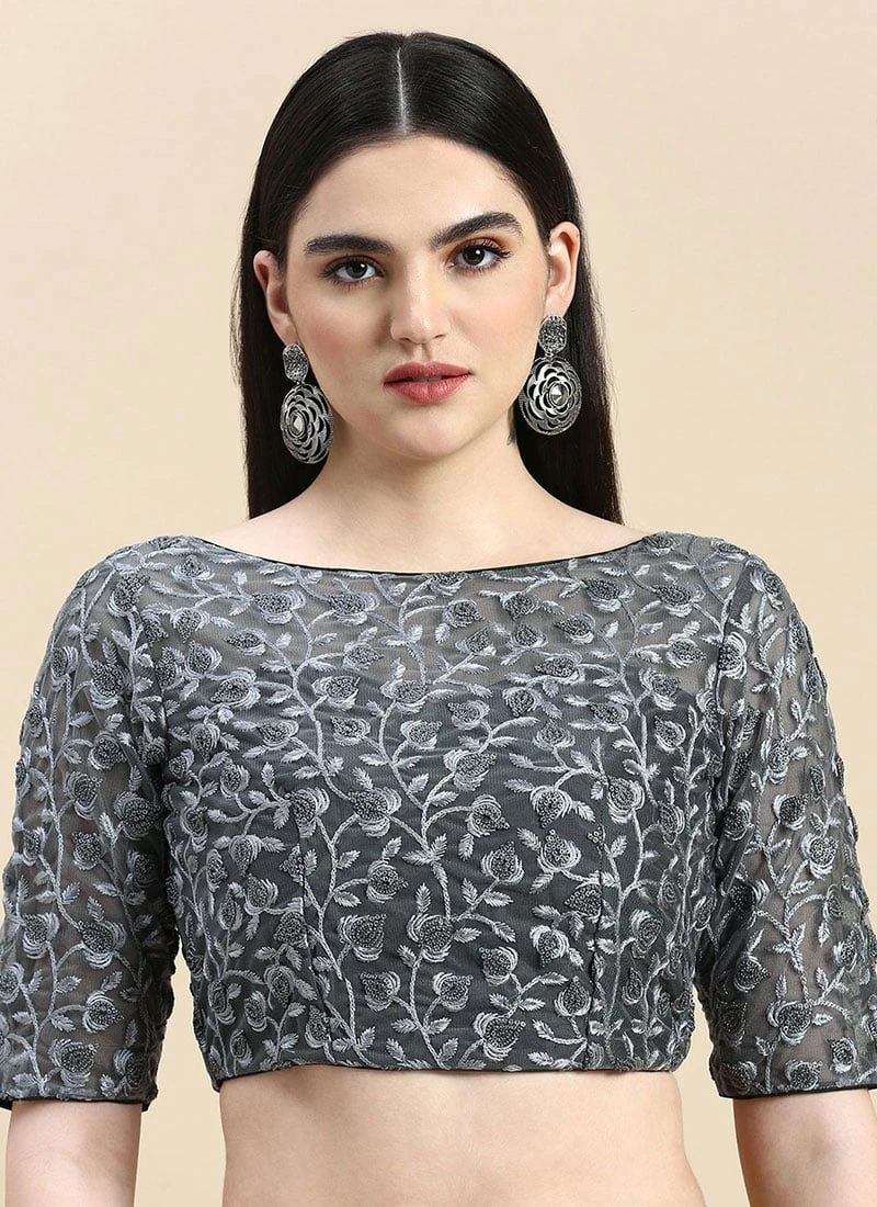 Grey Embroidered Net Blouse Party Wear Festive Wear 3 Grey Embroidered Net Blouse Party Wear Festive Wear - Image 3