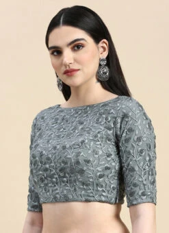 Grey Embroidered Net Blouse With Keyhole Festive Wear