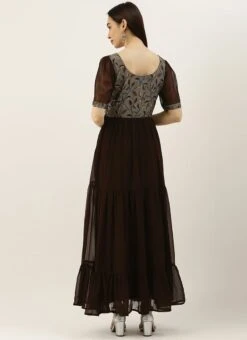 Grey Modal N Brown Geogette Gathers Dress Party Wear -Indo Clothing Shop Grey Modal N Brown Geogette Gathers Dress DRBS02105358 b
