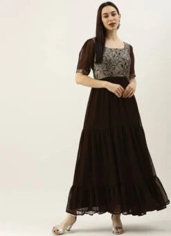 Grey Modal N Brown Geogette Gathers Dress Party Wear -Indo Clothing Shop Grey Modal N Brown Geogette Gathers Dress DRBS02105358 u
