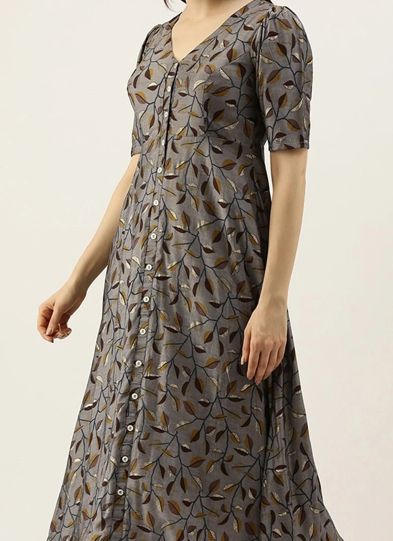 Grey Modal Silk Printed A Line Dress After Six Wear 1 Grey Modal Silk Printed A Line Dress After Six Wear