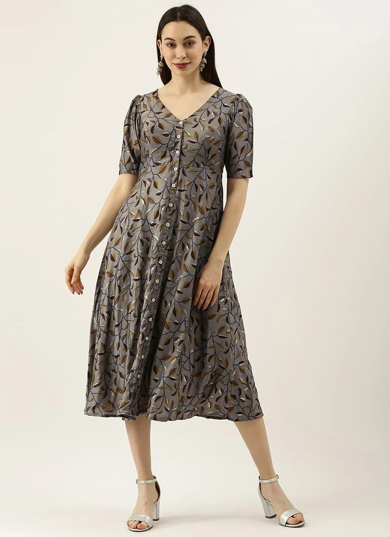Grey Modal Silk Printed A Line Dress After Six Wear 3 Grey Modal Silk Printed A Line Dress After Six Wear - Image 3
