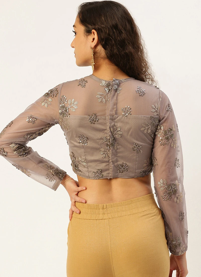 Grey Net Embroidered Blouse Festive Wear 4 Grey Net Embroidered Blouse Festive Wear - Image 4