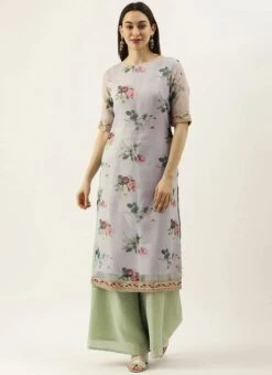 Grey Printed Organza Calf Length Kurta Set After Six Wear -Indo Clothing Shop Grey Printed Organza Calf Length Kurta Set KSBS02104250 u